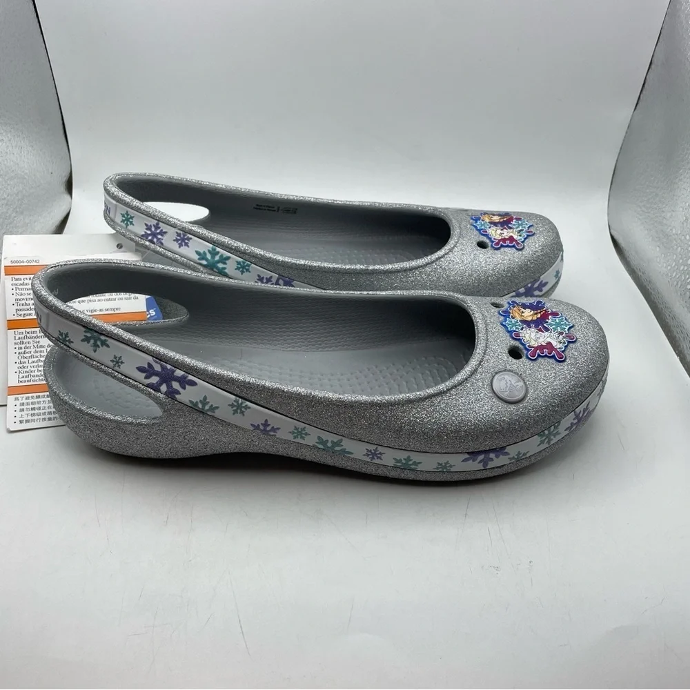 NEW! Crocs X Disney Frozen Genna II girls silver sparkly flats size 5Y